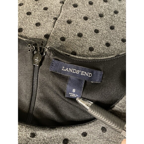 Lands End Midi Dress 8 Gray Black Polka Dot Sheath Bodycon Sleeveless Career - Picture 6 of 8
